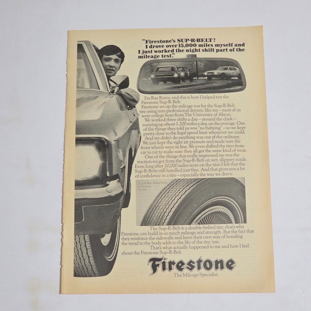 Vintage 1971 Firestone Sup-r-belt Tire Print Ad Ray Rarey 8.25x11 Original